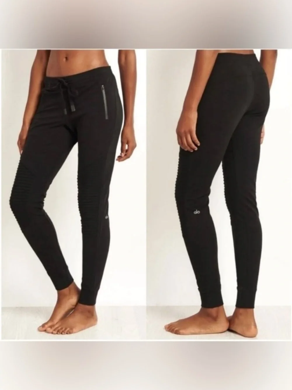 Alo Yoga Black Urban Moto Sweatpants Ribbed Joggers Drawstring Waist Athleisure